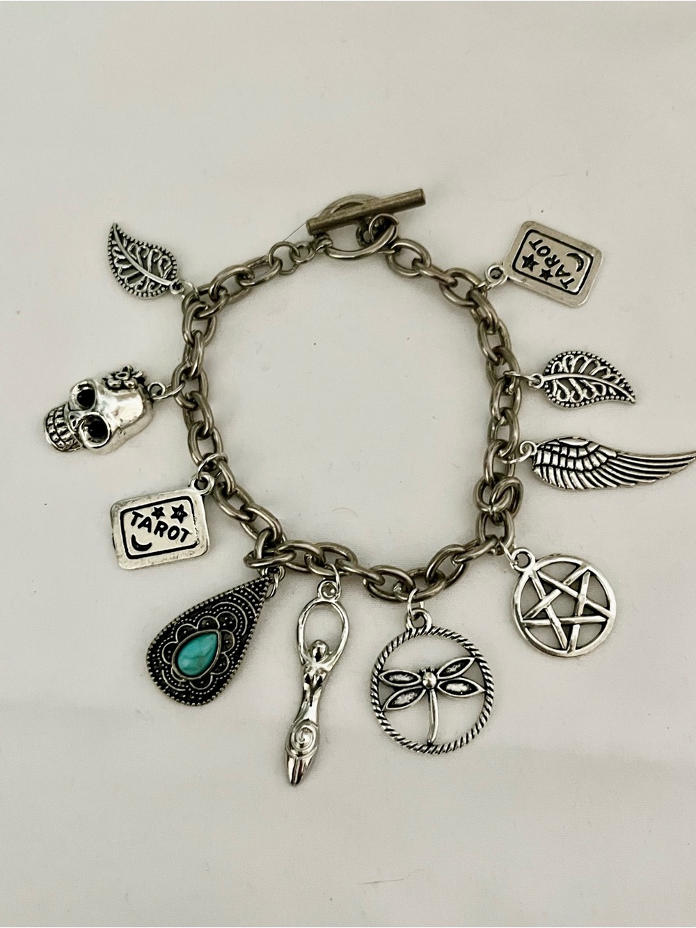 Pagan Wiccan Gothic Charm Handmade Bracelet On Silver Tone Vintage Chain